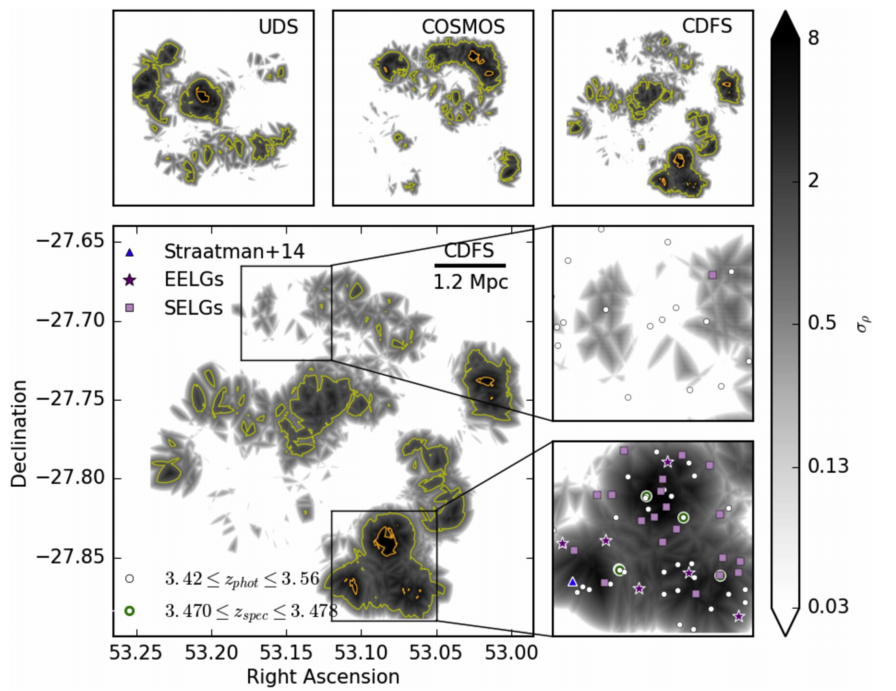 Projected spatial density in all three ZFOURGE fields of the galaxies in the redshift range 3.42⩽z⩽3.56 and brighter than Ks